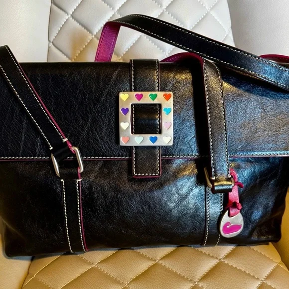 Black Leather Dooney and Bourke Women's Bag with bright pink Heart Accents - Picture 1 of 10